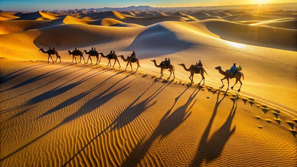 Des dromadaires avancent en file indienne sur les dunes dorées du Sahara, offrant une scène typique des paysages désertiques du Maroc.