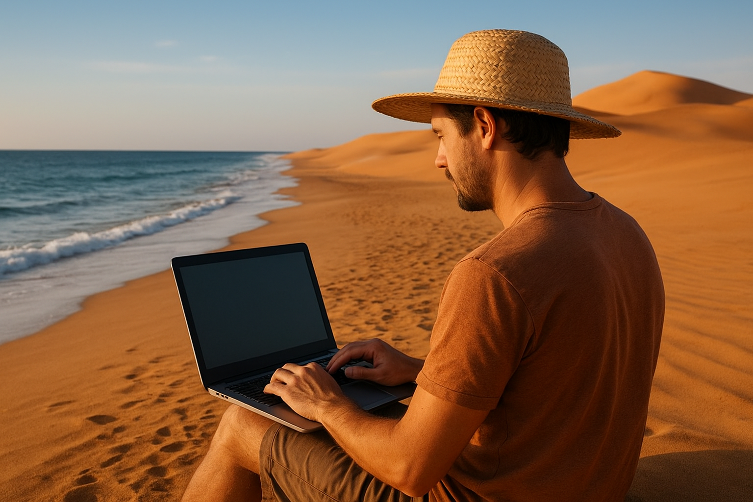 Digital nomad travaillant à distance sur un ordinateur portable entre la mer et le désert du Sahara au Maroc, portant un chapeau de paille.