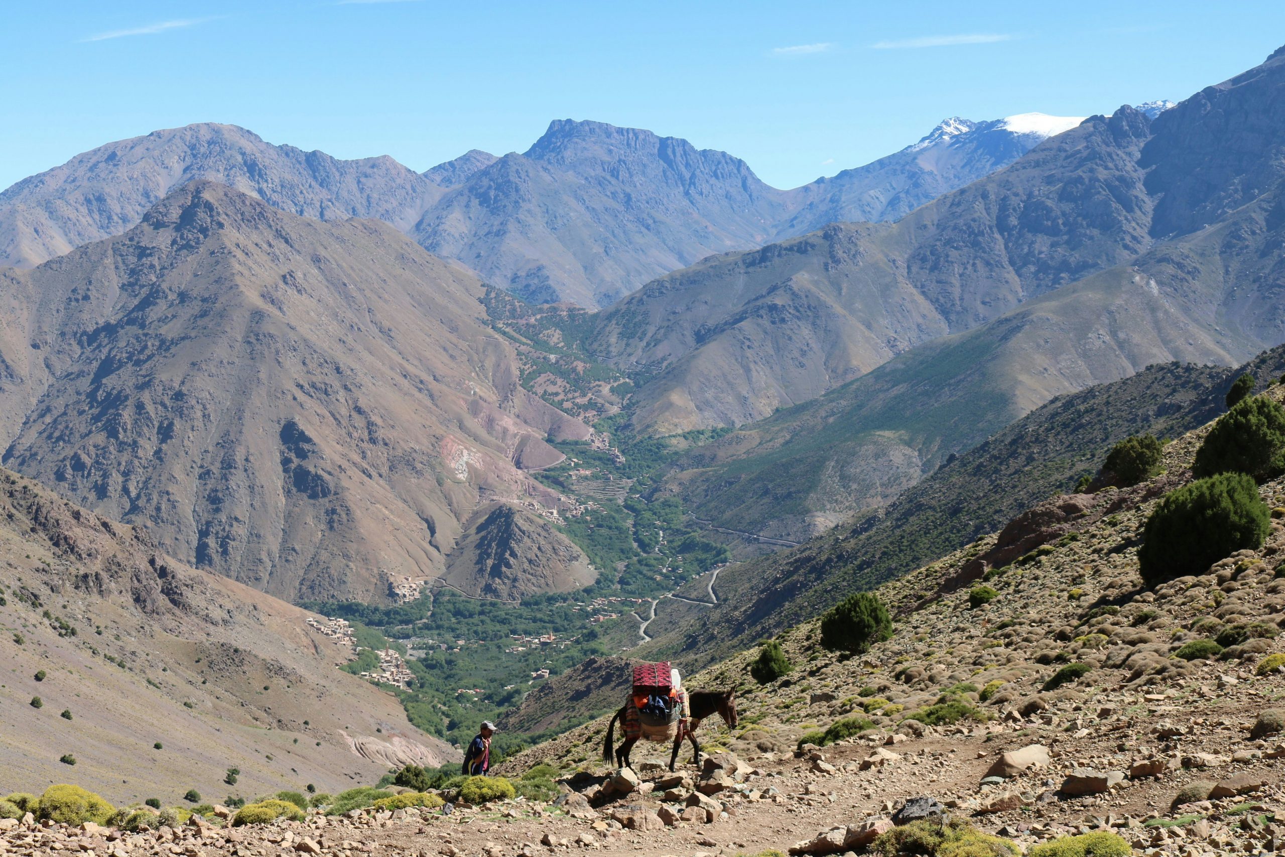 Paysage du Haut Atlas au Maroc avec un âne et son propriétaire marchant sur un sentier surplombant une vallée verdoyante entourée de montagnes arides.