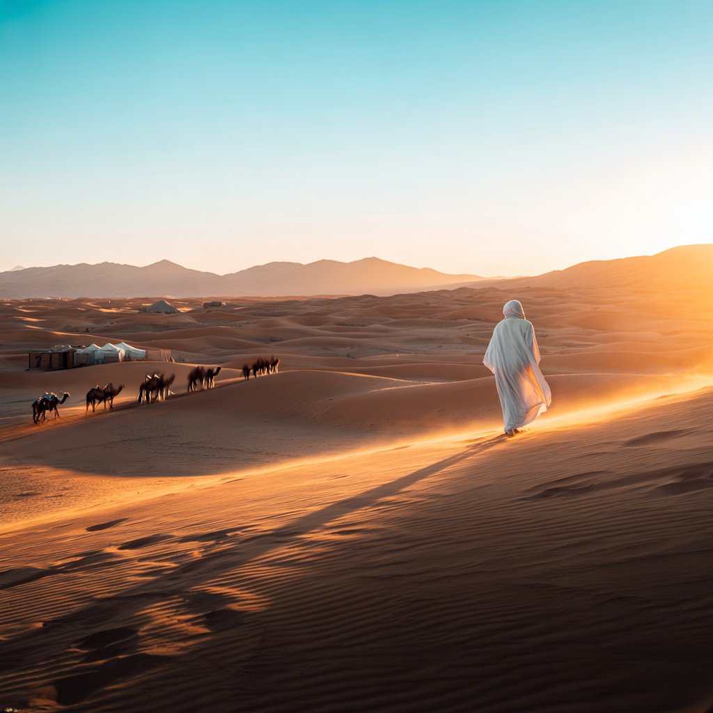 Personne marchant sur les dunes du désert au lever du soleil, avec une caravane de chameaux et des tentes nomades en arrière-plan.