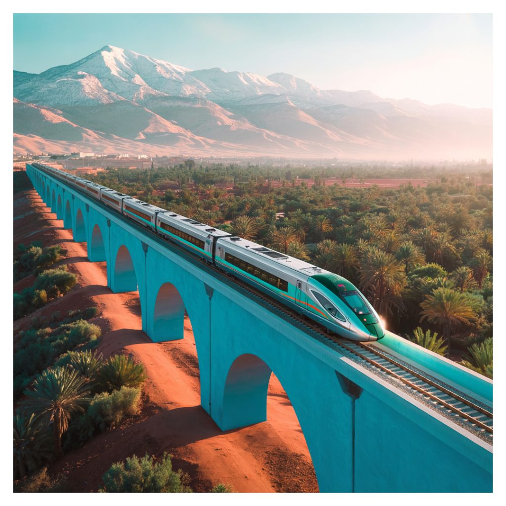 Train à grande vitesse moderne reliant les villes marocaines pendant la CAN et la Coupe du Monde.