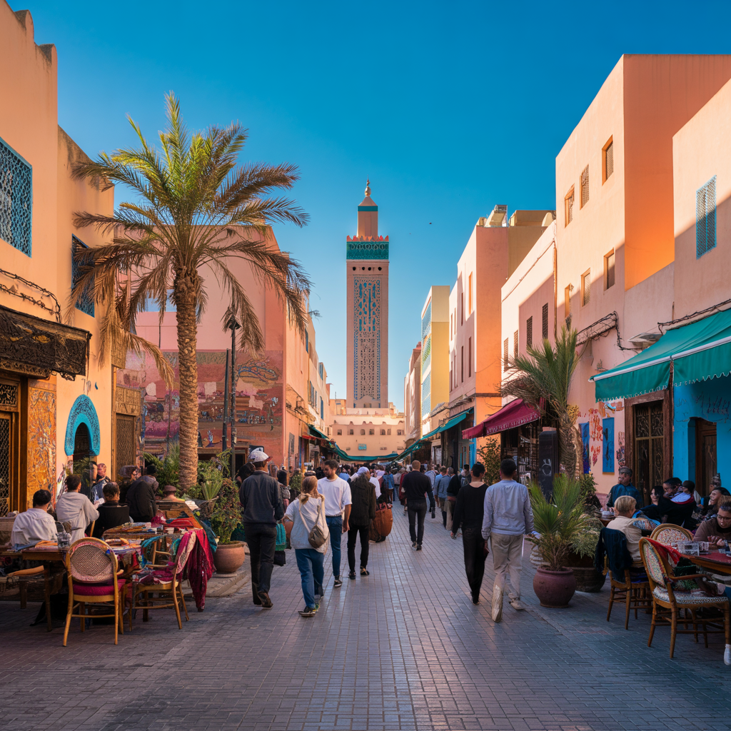 Rue animée du Maroc avec boutiques colorées, palmiers et minaret en arrière-plan sous un ciel bleu clair.
